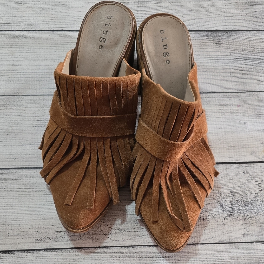 Hinge Brown Suede Fringe Mules